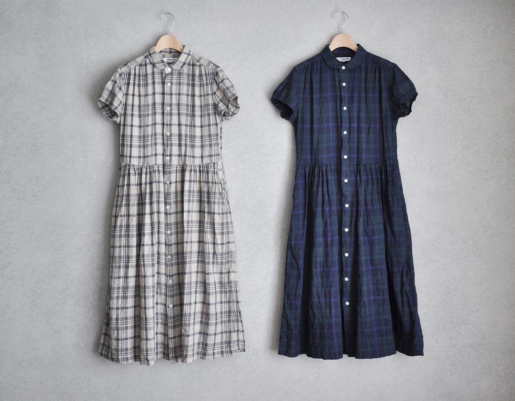 リネンチェックの半袖シャツドレス