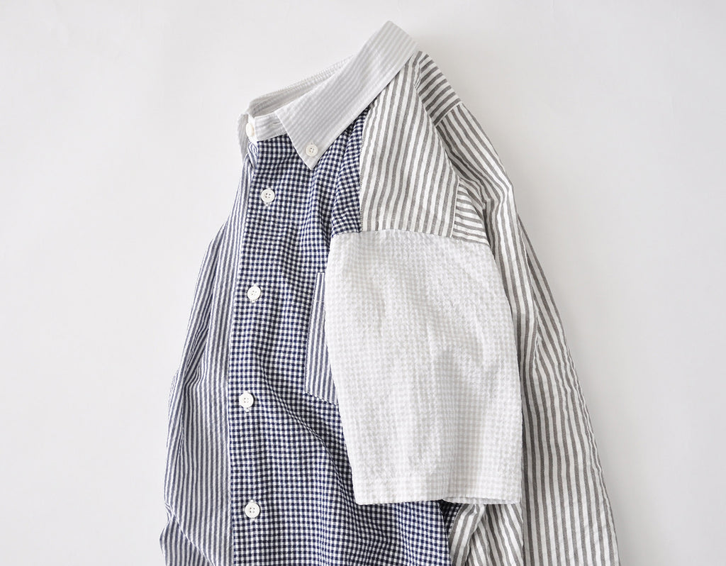 シアサッカーの半袖パッチワークシャツ