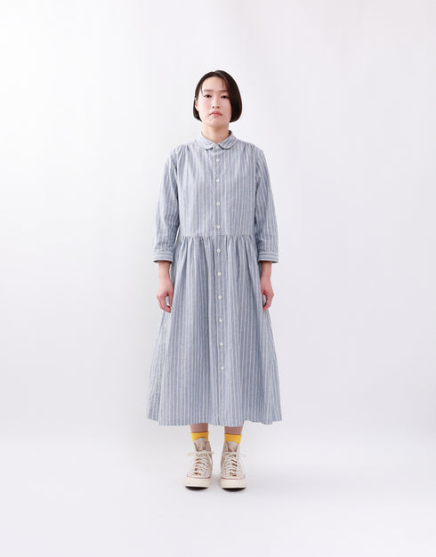 オックスストライプのギャザーシャツドレス