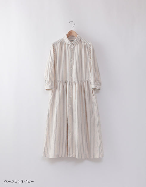 オックスストライプのギャザーシャツドレス
