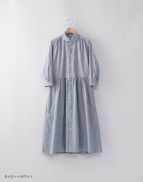 オックスストライプのギャザーシャツドレス