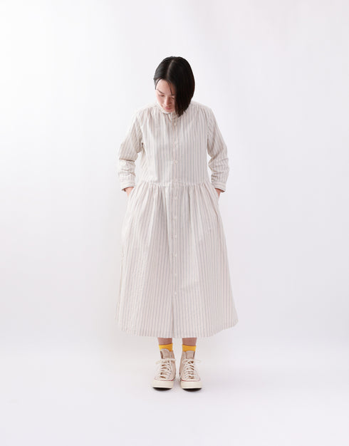 オックスストライプのギャザーシャツドレス