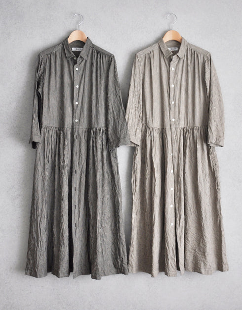 綿麻ストライプのギャザーシャツドレス