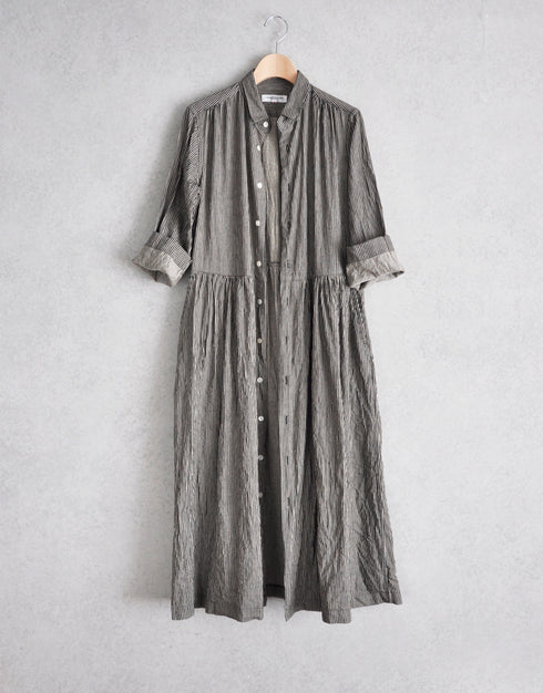 綿麻ストライプのギャザーシャツドレス
