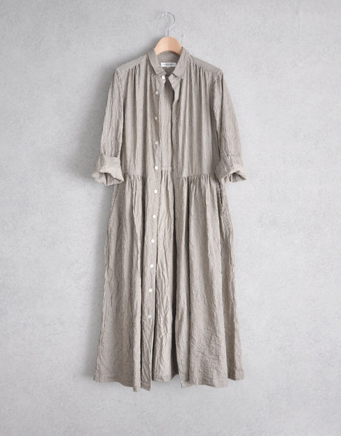 綿麻ストライプのギャザーシャツドレス