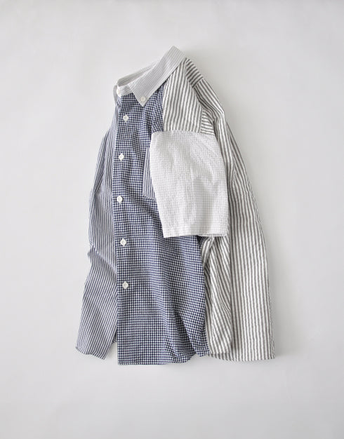 シアサッカーの半袖パッチワークシャツ