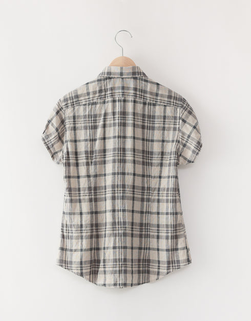 リネンチェックの半袖ネックギャザーシャツ