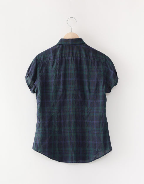 リネンチェックの半袖ネックギャザーシャツ