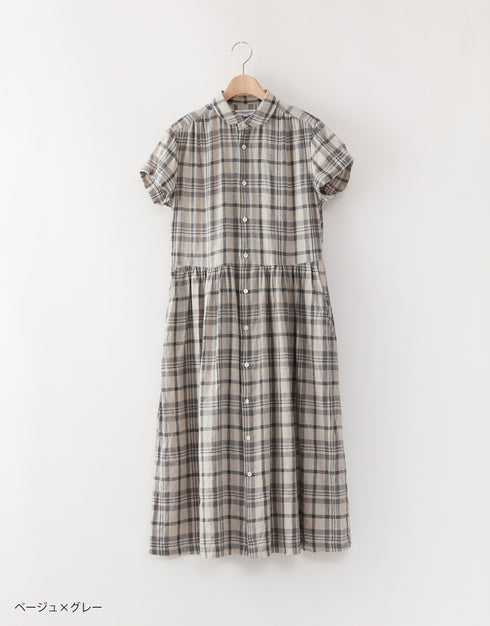 リネンチェックの半袖ギャザーシャツドレス