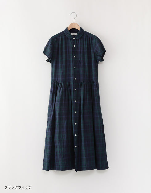 リネンチェックの半袖ギャザーシャツドレス