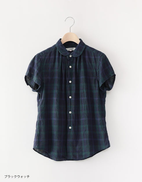 リネンチェックの半袖ネックギャザーシャツ
