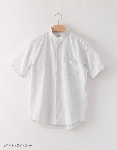 シアサッカーの半袖スタンドカラーシャツ