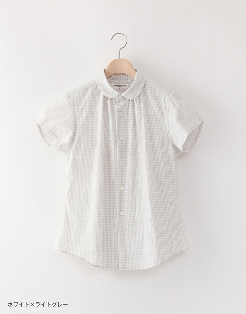 シアサッカーの半袖ネックギャザーシャツ