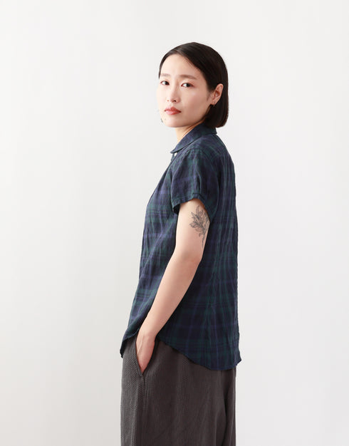 リネンチェックの半袖ネックギャザーシャツ