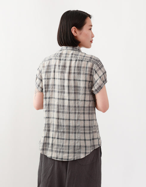 リネンチェックの半袖ネックギャザーシャツ