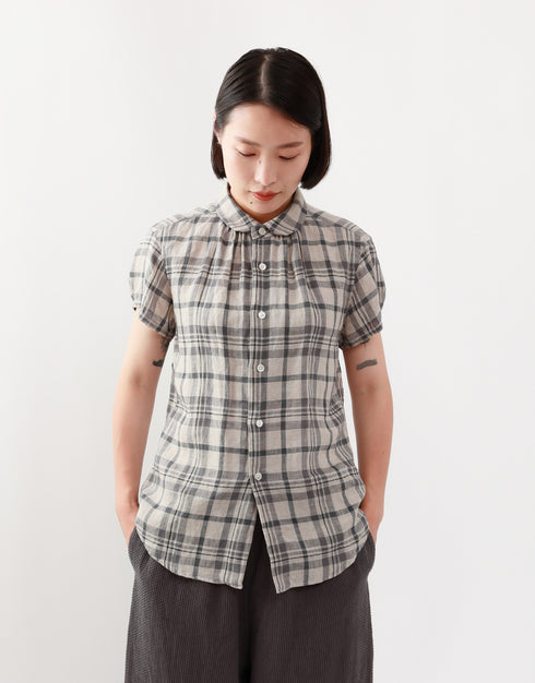 リネンチェックの半袖ネックギャザーシャツ