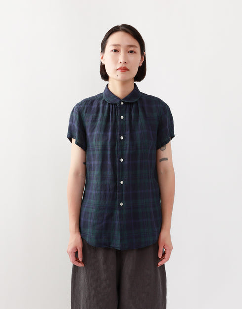 リネンチェックの半袖ネックギャザーシャツ