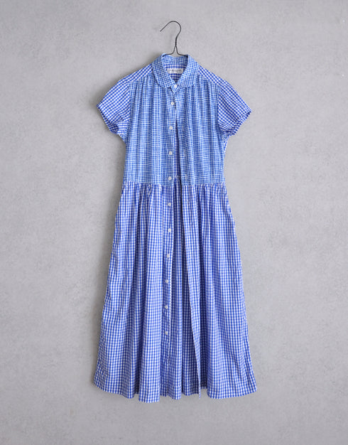 ギンガムコンビの半袖ギャザーOP