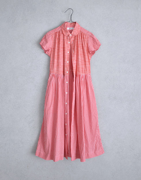 ギンガムコンビの半袖ギャザーOP