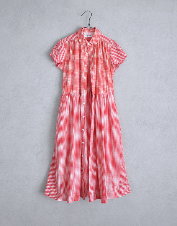 ギンガムコンビの半袖ギャザーOP