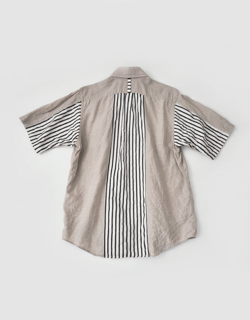 リネンとストライプの半袖切替シャツ