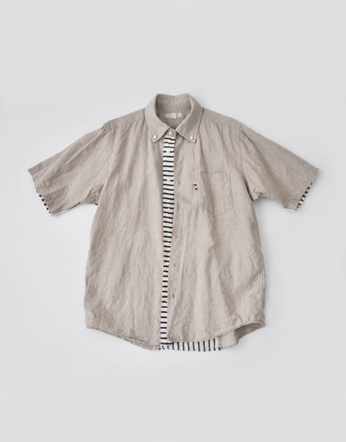 リネンとストライプの半袖切替シャツ