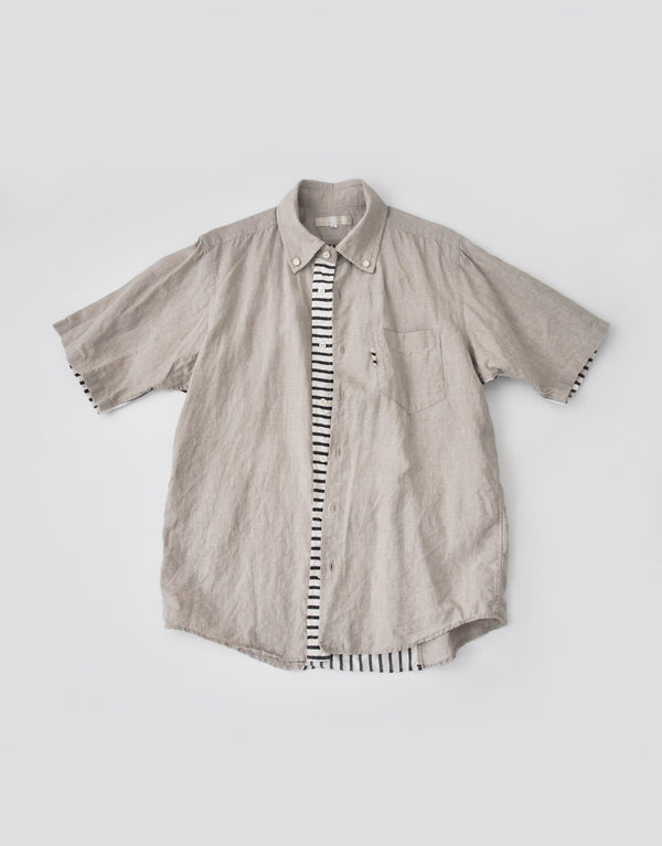 リネンとストライプの半袖切替シャツ