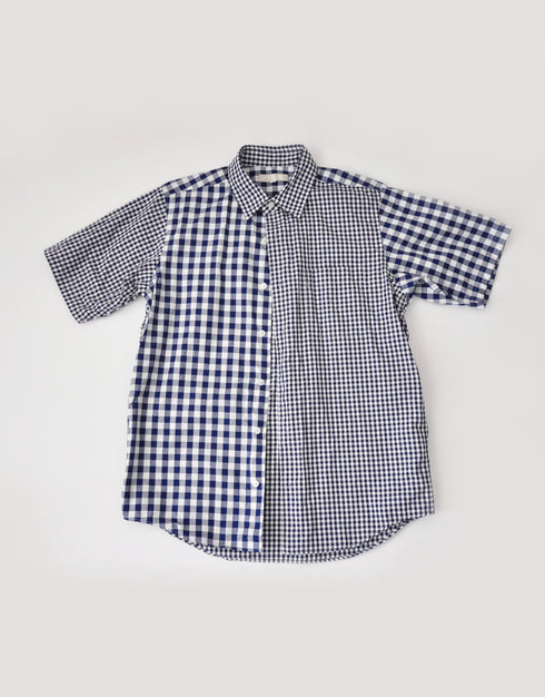 ギンガムチェックの半袖パッチワークシャツ