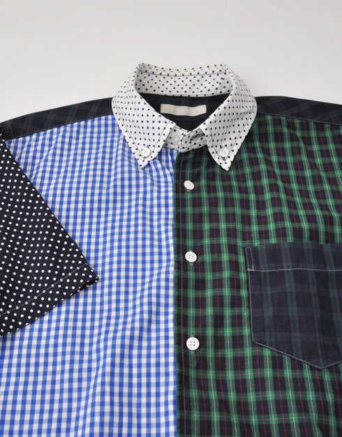 チェックと水玉のパッチワーク半袖シャツ